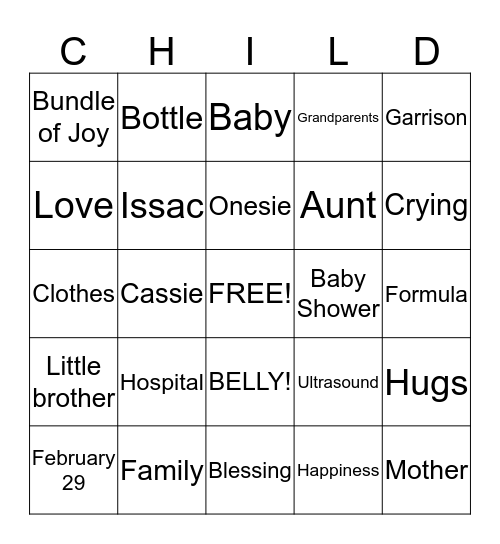 Cassie's Baby Shower Bingo Card