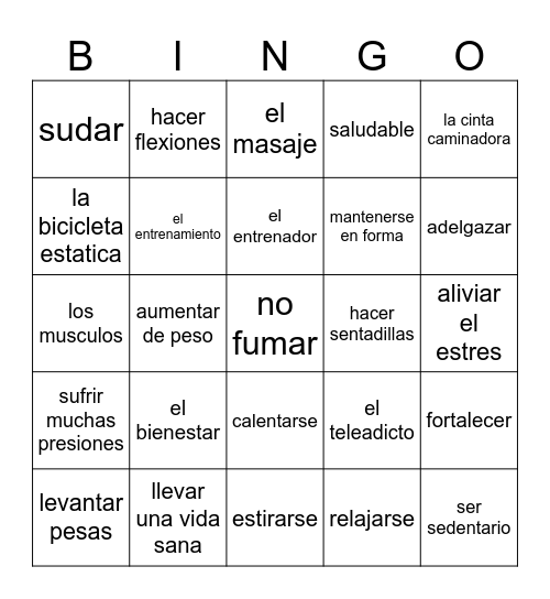 Sp 3 Vocab 2.2 El bienestar (Texto) Bingo Card