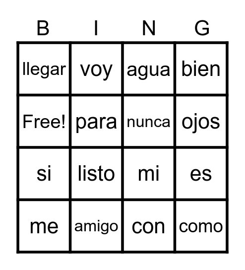 Palabras frecuentes Bingo Card