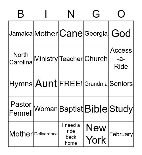 Reverend Cora Staton Bingo Card