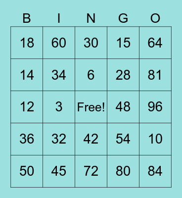 Multiplication Bingo Card