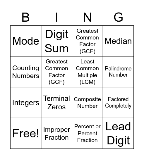 MOEMS Vocabulary Bingo Card