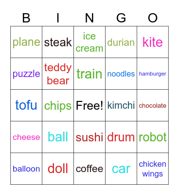 Food and Toys Bingo Card