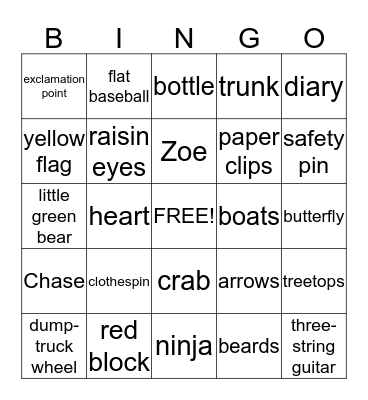 I Spy a Ninja and Other Items Bingo Card