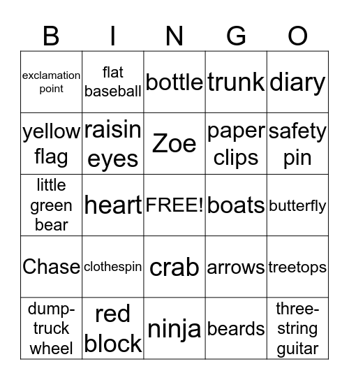 I Spy a Ninja and Other Items Bingo Card