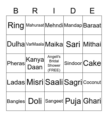 Angeli's Bridal Shower Bingo Card