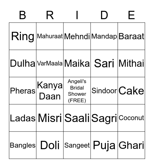 Angeli's Bridal Shower Bingo Card