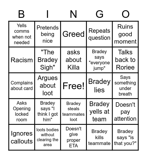 Bradey Bingo Card