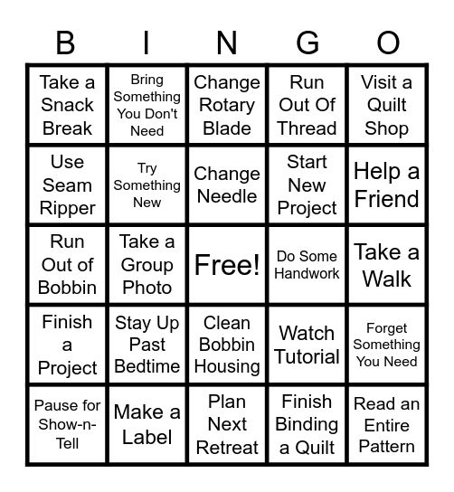 Quilt Retreat Bingo Card