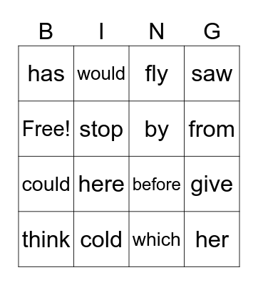 Sight Words Bingo Card