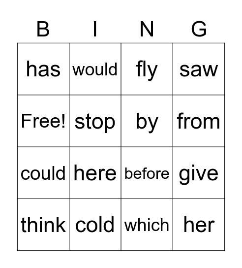 Sight Words Bingo Card