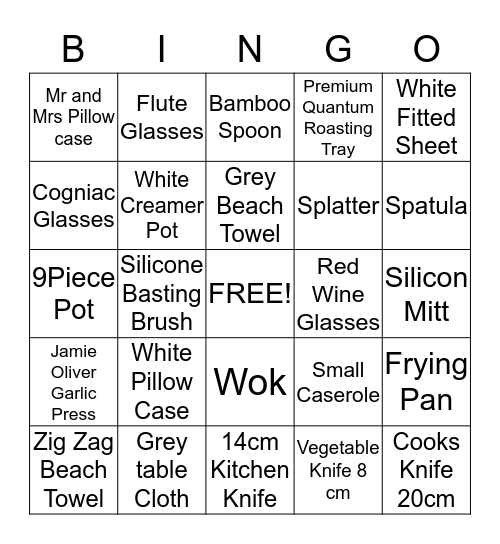 Gift Registry Bingo Card