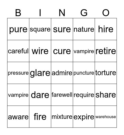 are - ire- ure  words Bingo Card