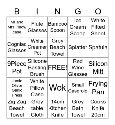 Gift Registry Bingo Card