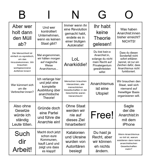 Anarchismus funktioniert nicht lel Bingo Card