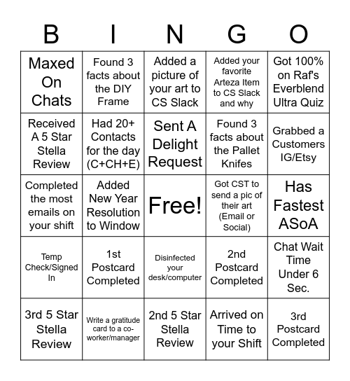 Arteza Bingo Card