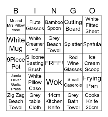 Gift Registry Bingo Card