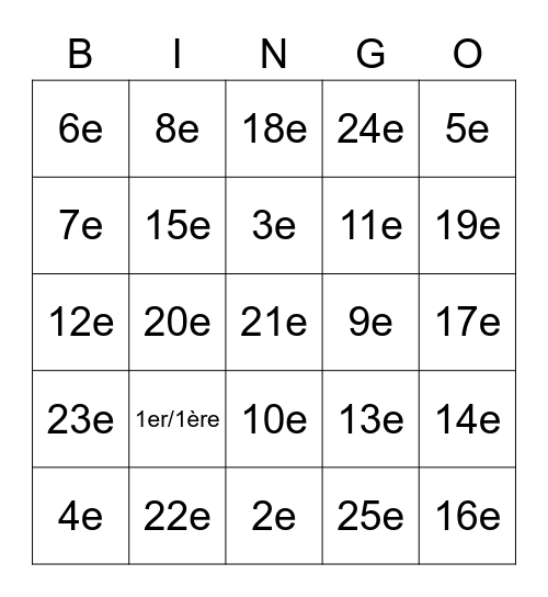 Les Numéros Ordinaux Bingo Card