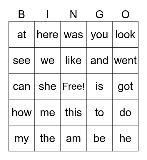 Sight Word Bingo Card