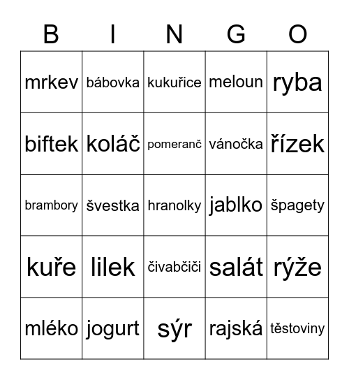 Jídlo Bingo Card