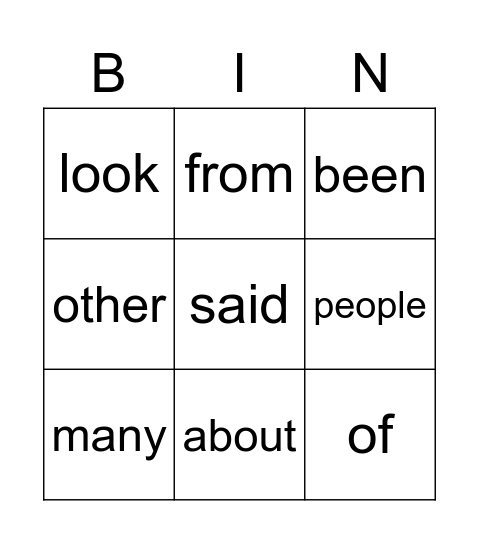 Sight Words Bingo Card