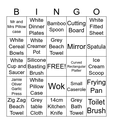 Gift Registry Bingo Card