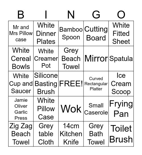 Gift Registry Bingo Card