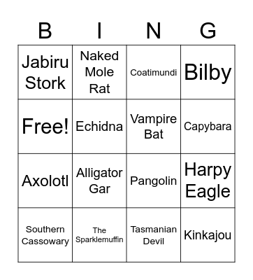 Obscure Animals Bingo Card
