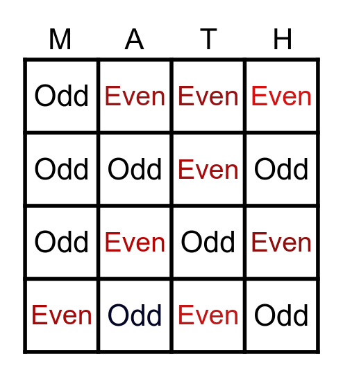 Odd or Even Bingo Card