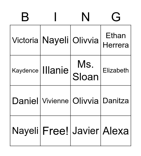 Classroom Names Bingo Card