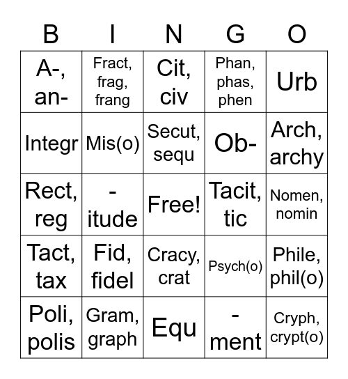 8th Vocab Bingo! Bingo Card