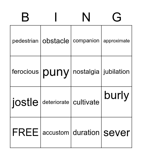 Vocabulary Review Bingo Card