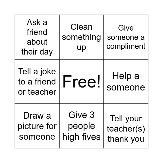 Kindness Bingo Card