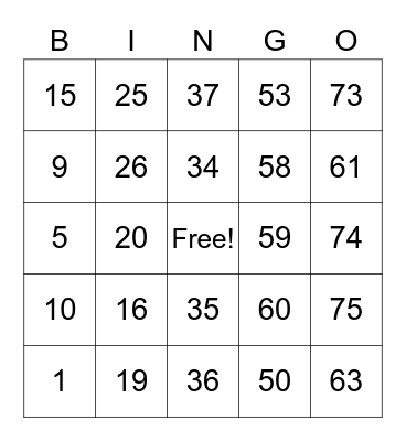 Number Bingo 1-75 Bingo Card