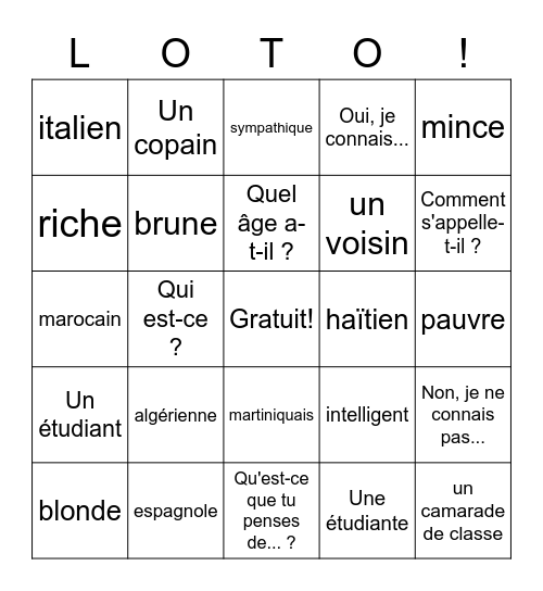 Ch. 3.1 Français Bingo Card
