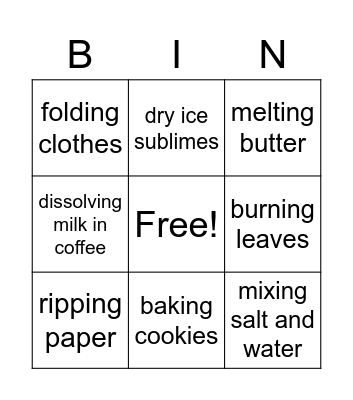 Physical and Chemical Changes Bingo Card