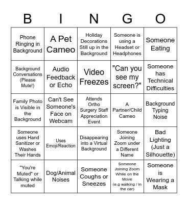 Ortho Surgery Staff Appreciation Event Zoom Bingo Card