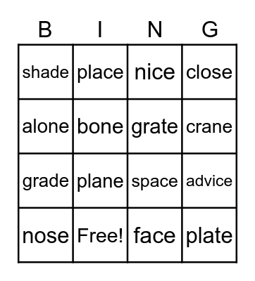 Vocabulary Bingo Card