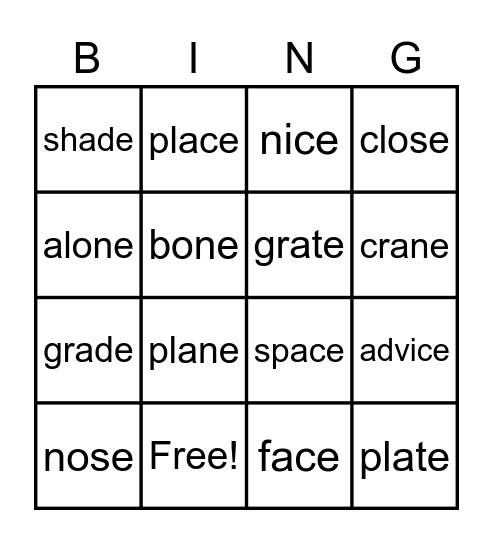 Vocabulary Bingo Card