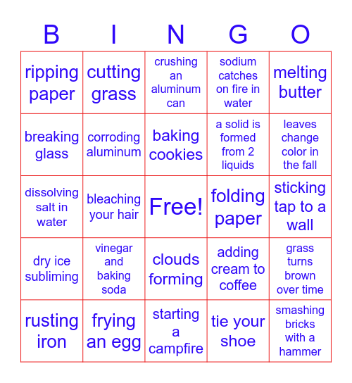 Physical vs Chemical Changes Bingo Card