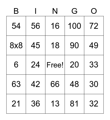 Multiplication Bingo Card
