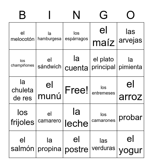 Comidas y Bebidas Bingo Card