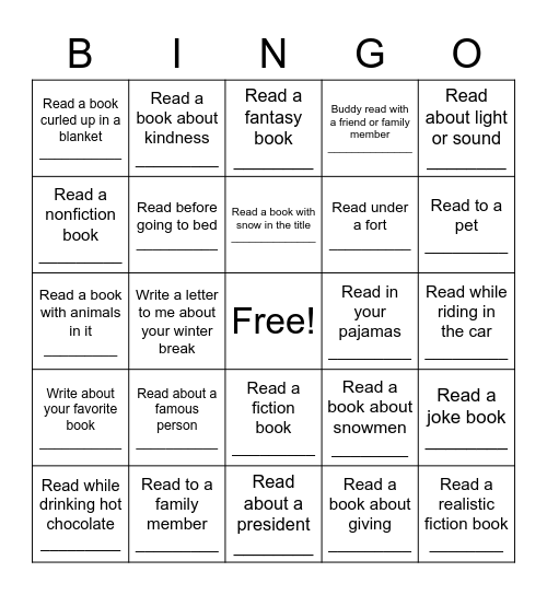 Winter Break Reading Bingo Card