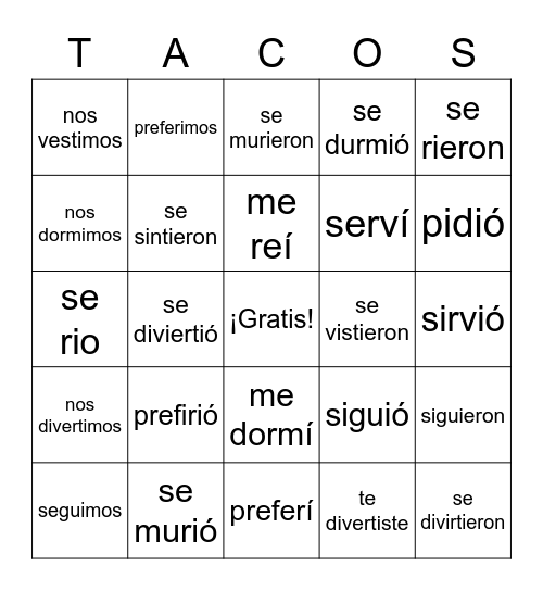4.1 Los verbos monopatín Bingo Card