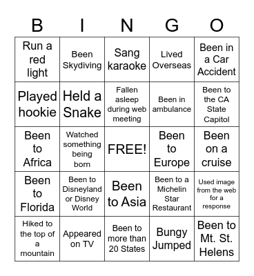 Never Have I Ever 1 Bingo Card