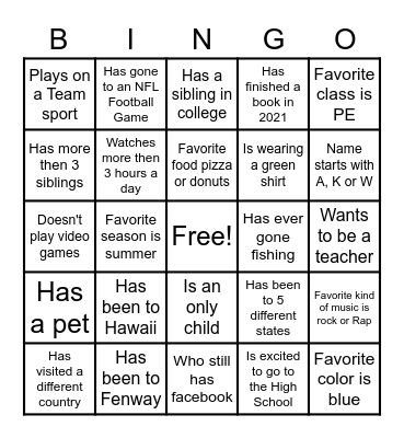 PE Social Bingo Card