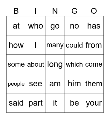 1st Sight Words 1 Bingo Card