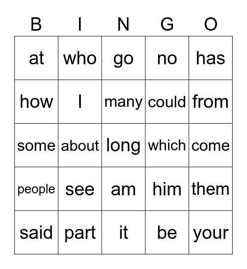 1st Sight Words 1 Bingo Card