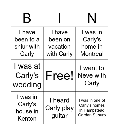 Carly Bingo Card