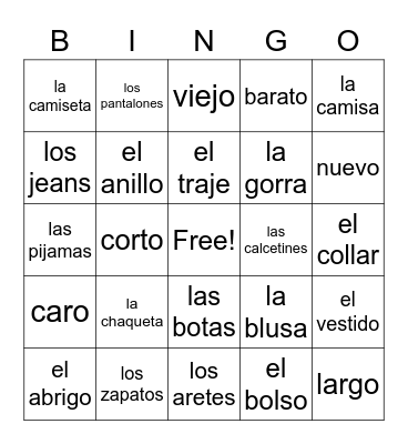 Spanish Clothes Bingo Card